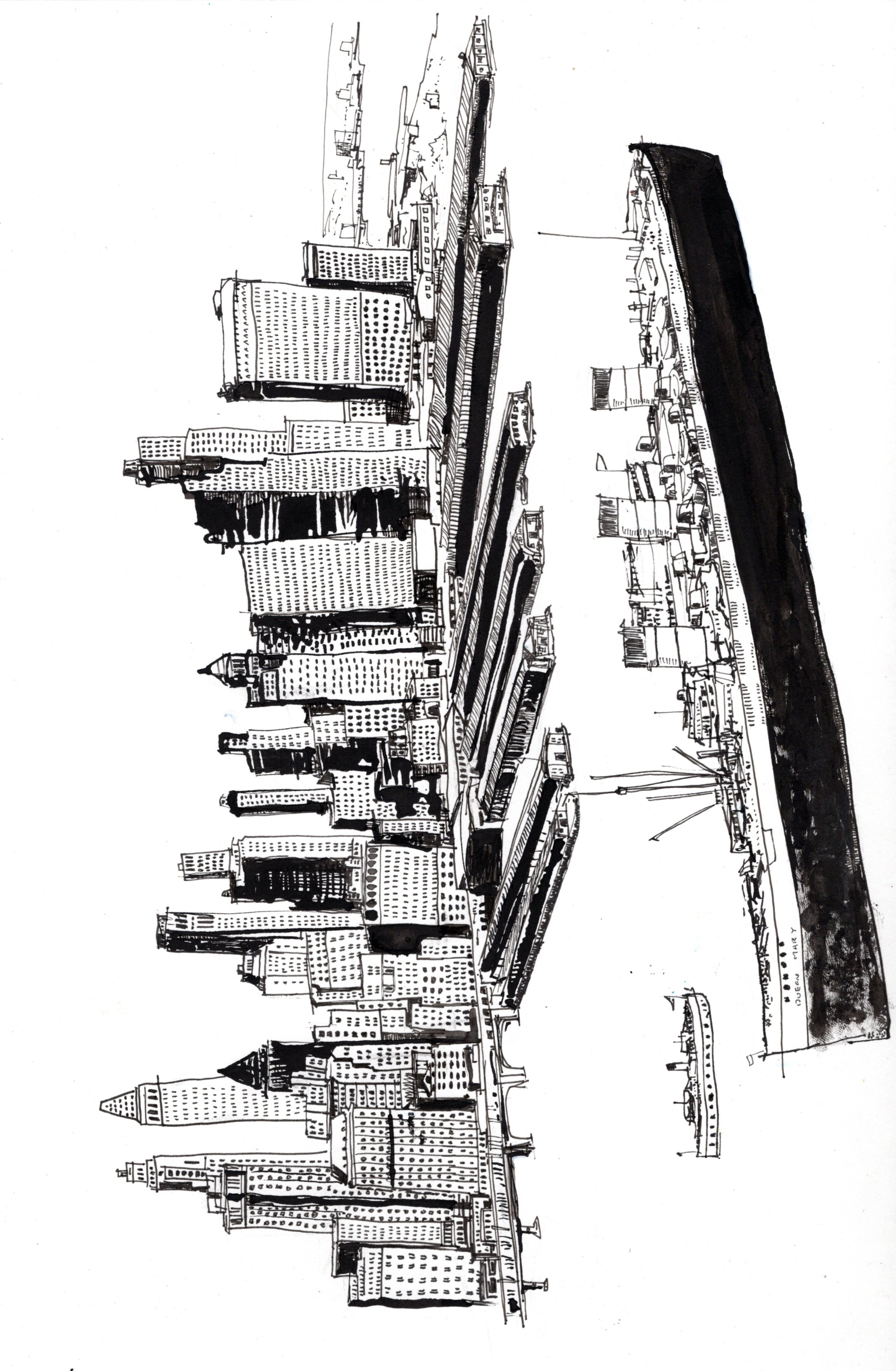Queen Mary  ink drawing  14x17 in
