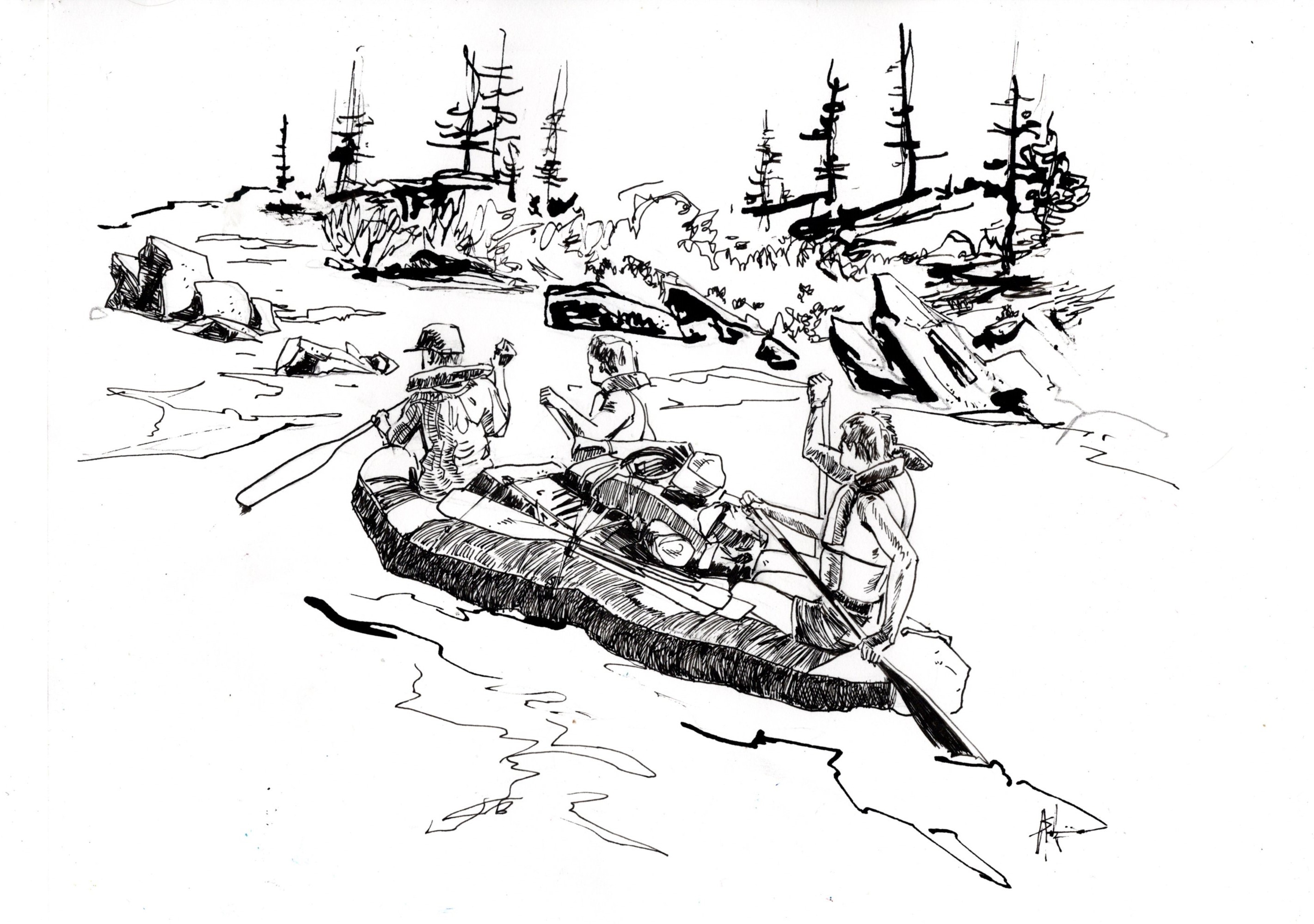 Rafting ink drawing  11x14 in