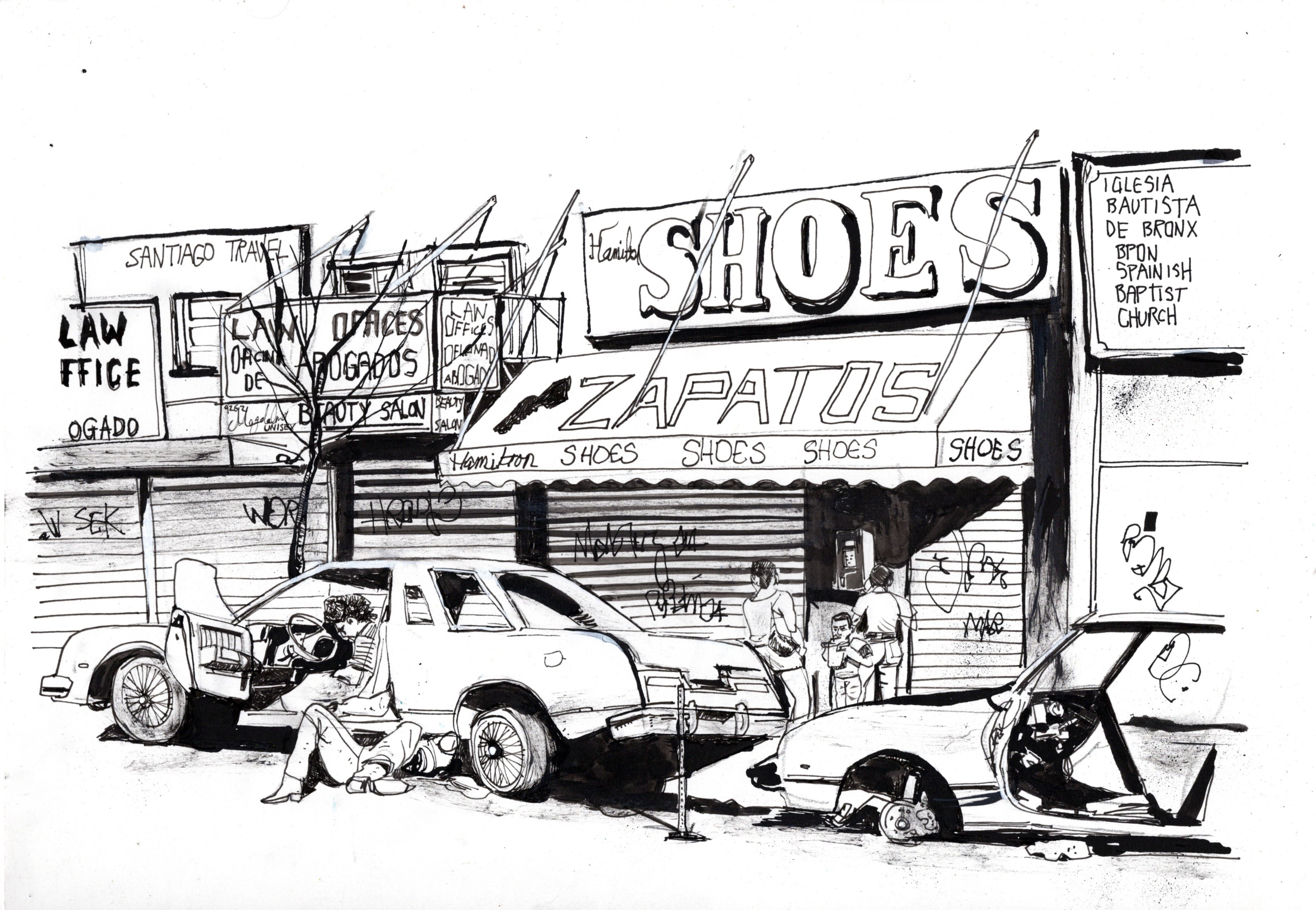 city ink drawing  14x17 in